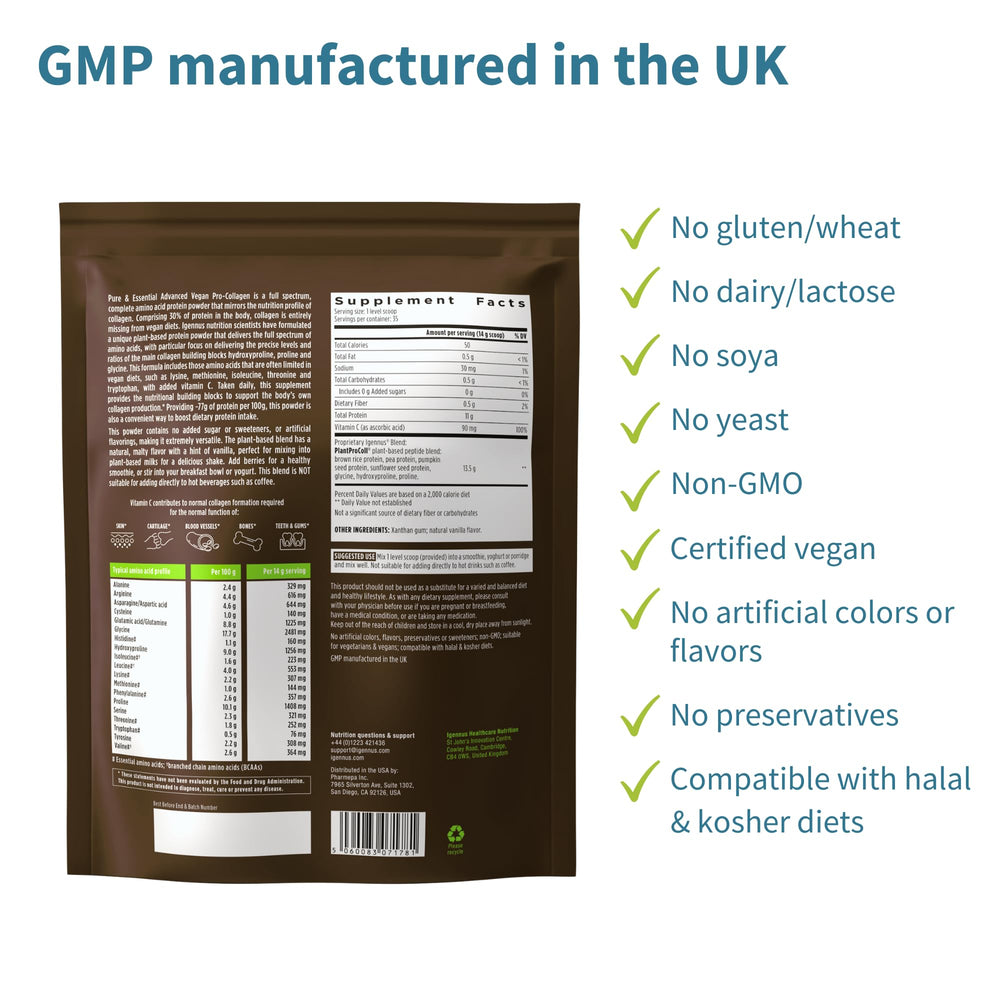 UK GMP manufacturing label for unsweetened, non-GMO product