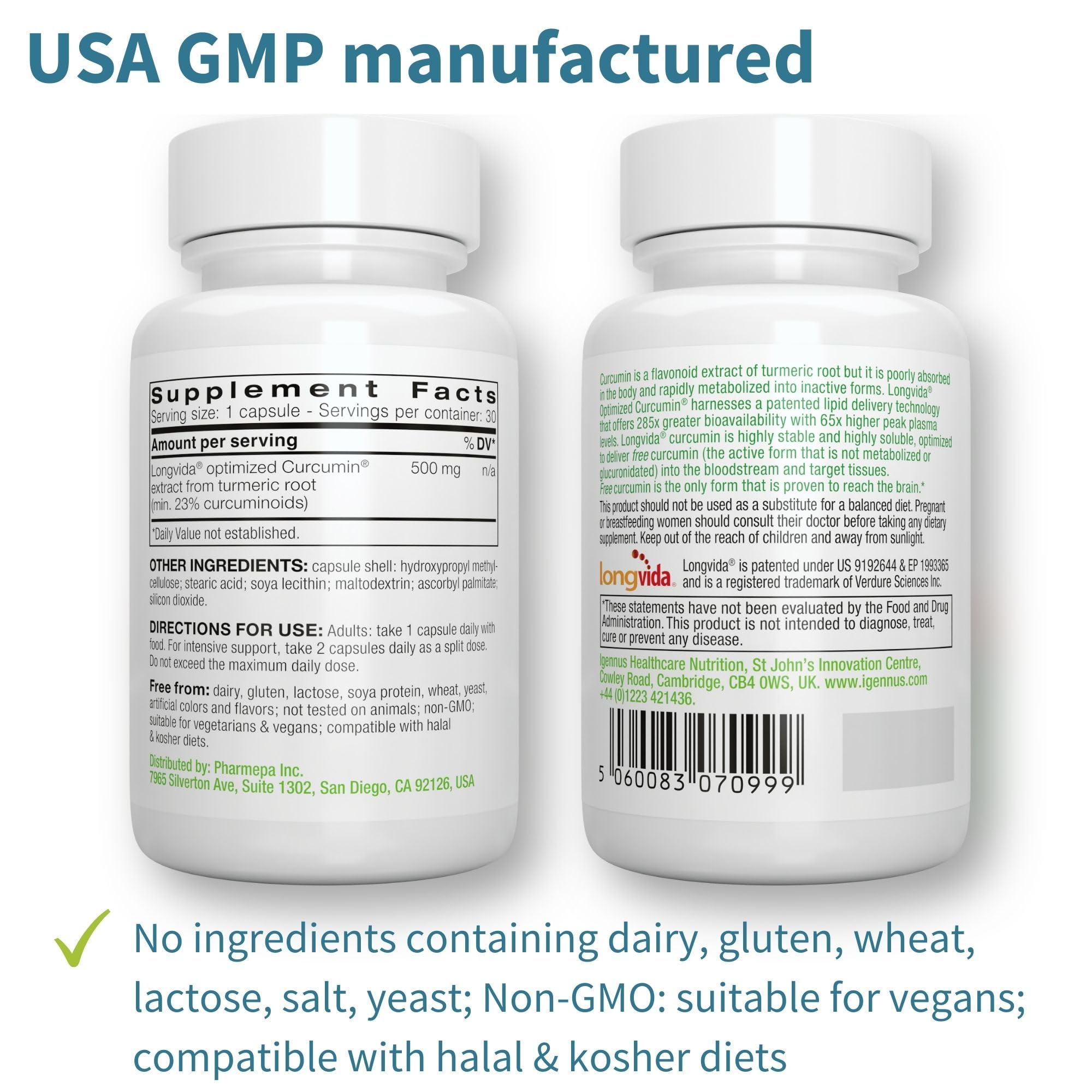 Vegan and non-GMO certification labels for Igennus Longvida Curcumin 500mg
