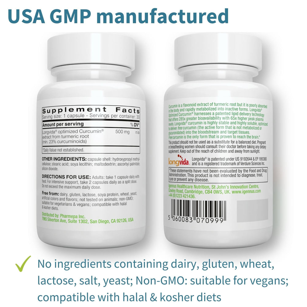 Vegan and non-GMO certification labels for Igennus Longvida Curcumin 500mg
