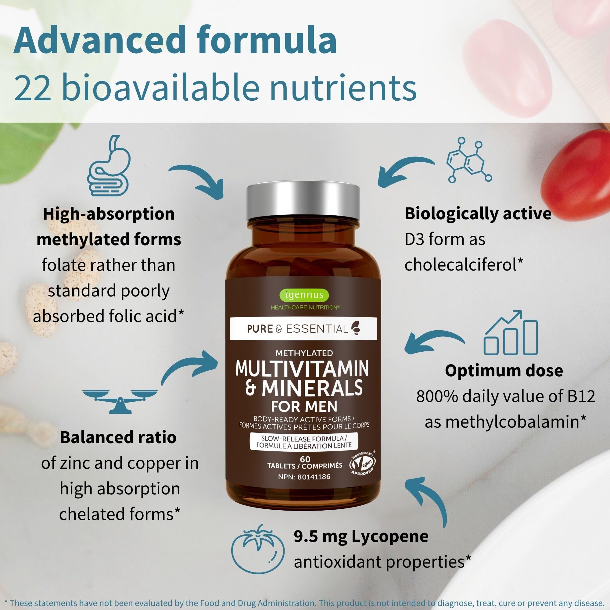 Close-up of the 22 active nutrients in Igennus Methylated Men's Multivitamin