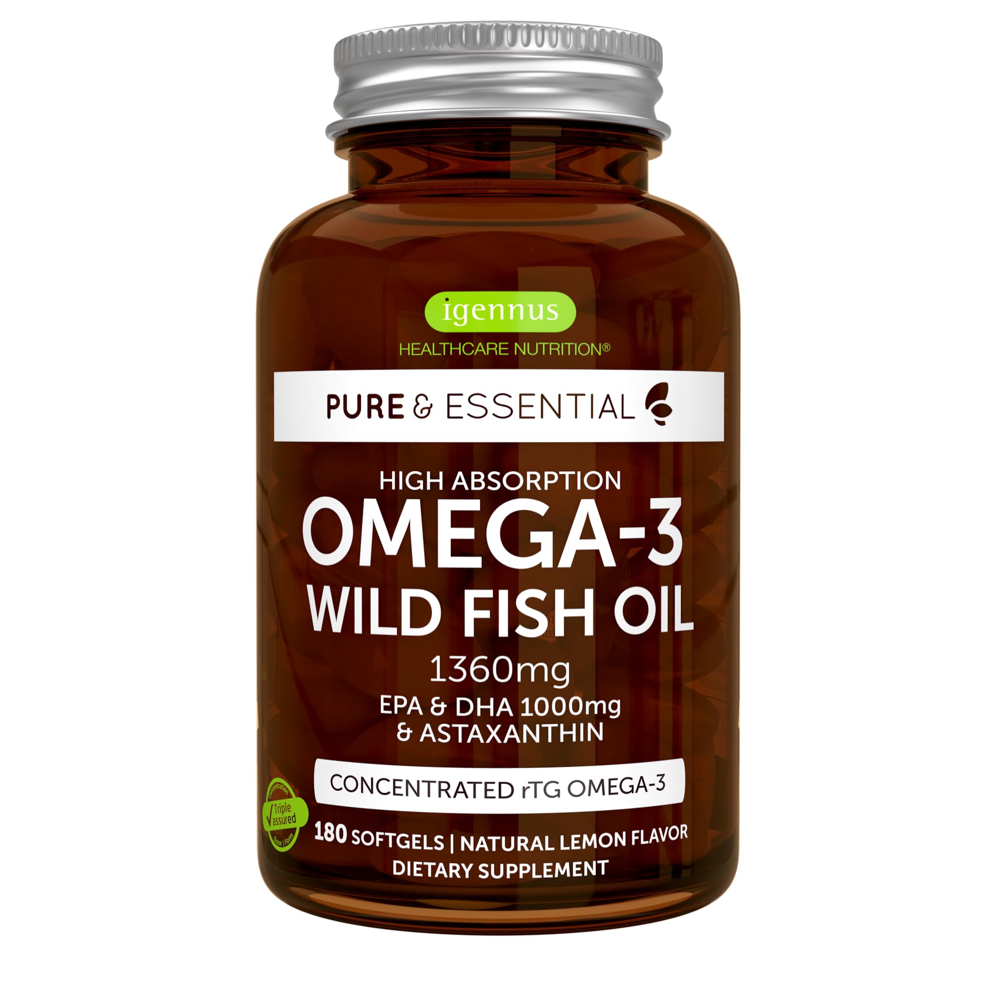 Igennus Ultra Pure Omega 3 rTG Wild Fish Oil bottle, 180 softgels