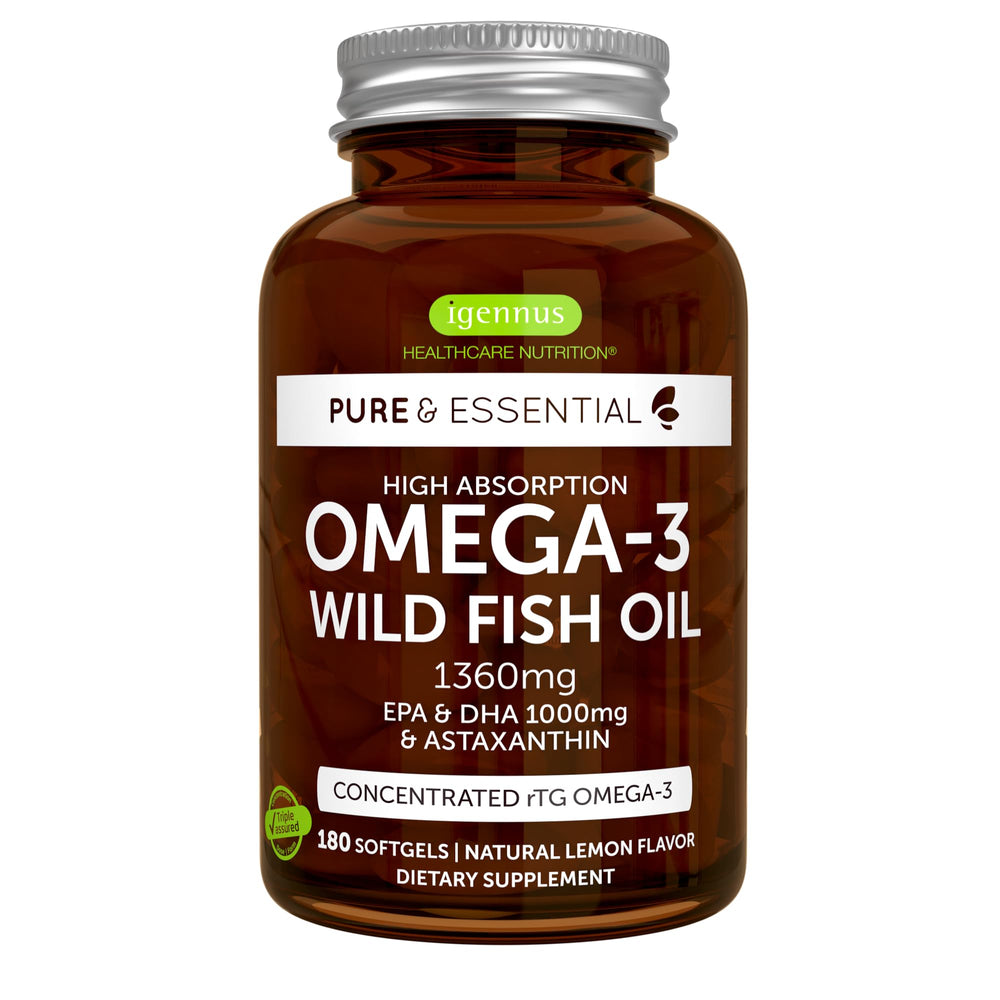 Igennus Ultra Pure Omega 3 rTG Wild Fish Oil bottle, 180 softgels