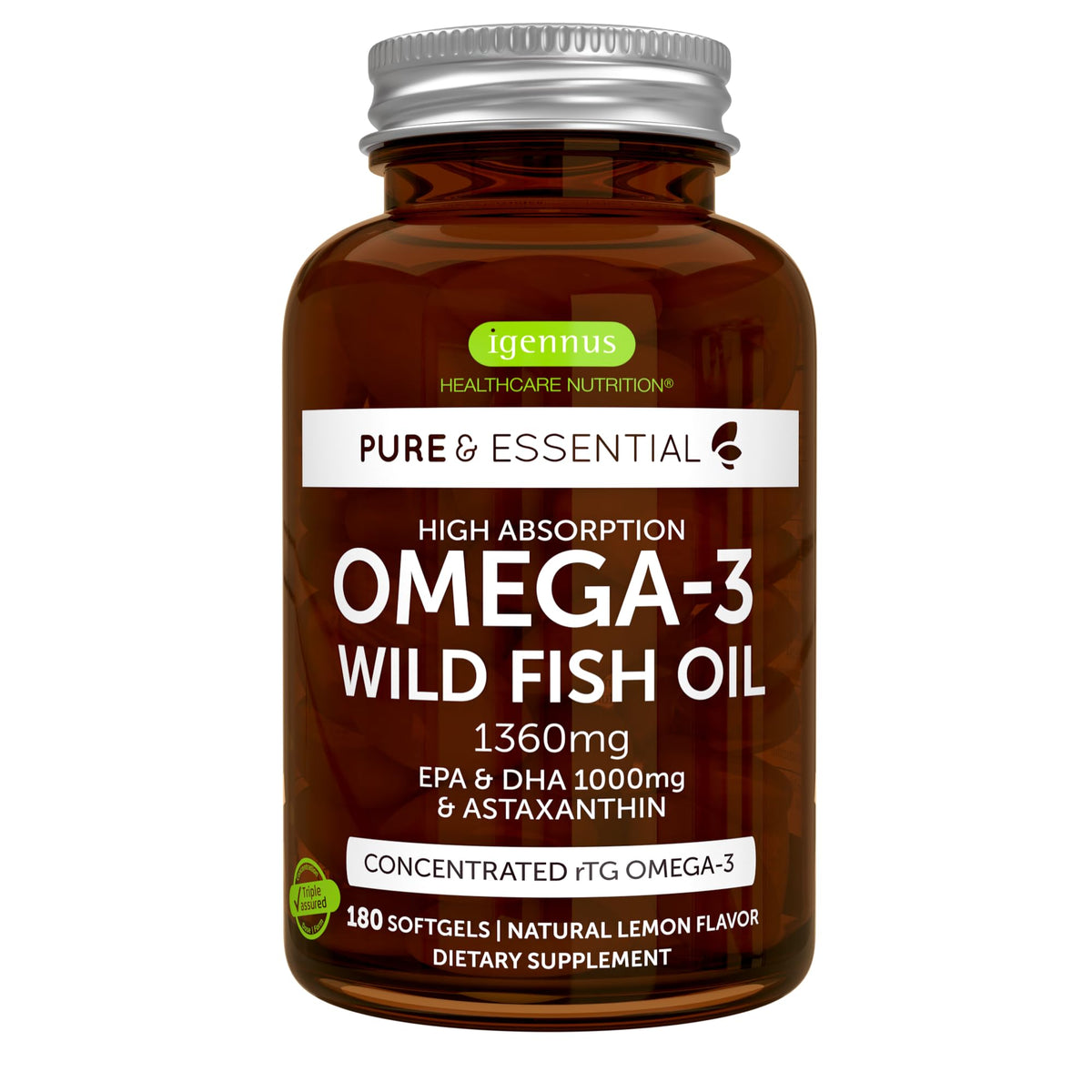 Igennus Ultra Pure Omega 3 rTG Wild Fish Oil bottle, 180 softgels