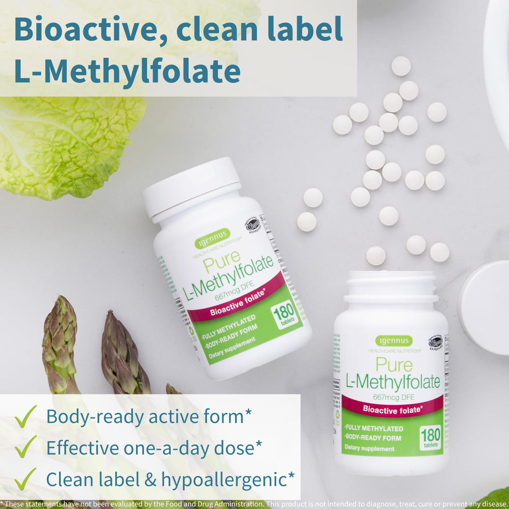 Product pack shot showing Igennus Pure Methyl Folate 400 mcg 180 tablets.