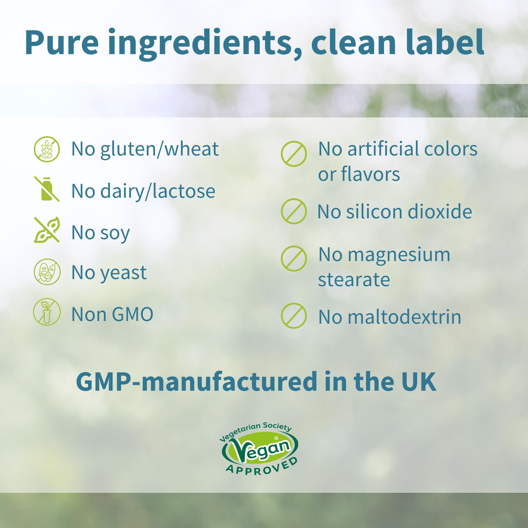 Bottle close-up emphasizing vegan and clean-label formulation.