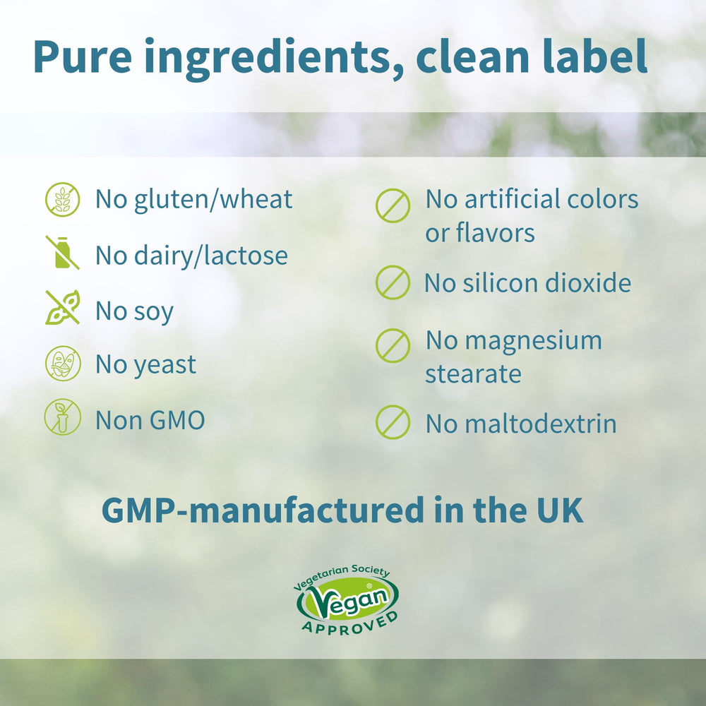 Bottle close-up emphasizing vegan and clean-label formulation.