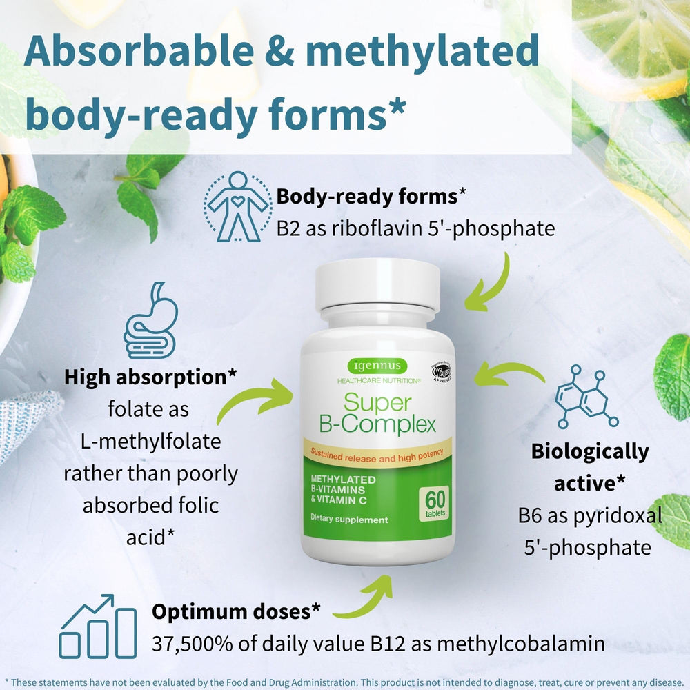 Small 9mm Igennus B-Complex tablets next to bottle