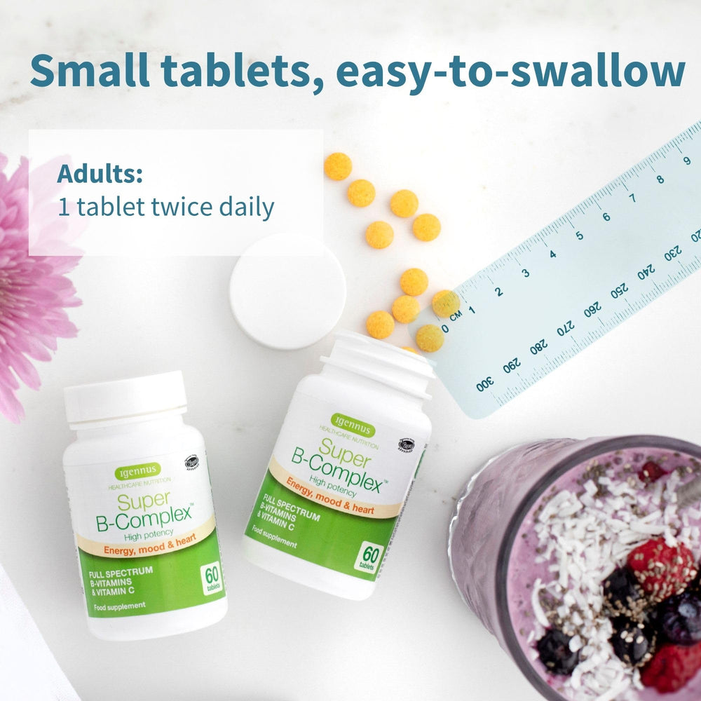 Illustration of B vitamin components (B1, B2, B3, B5, B6, B7)