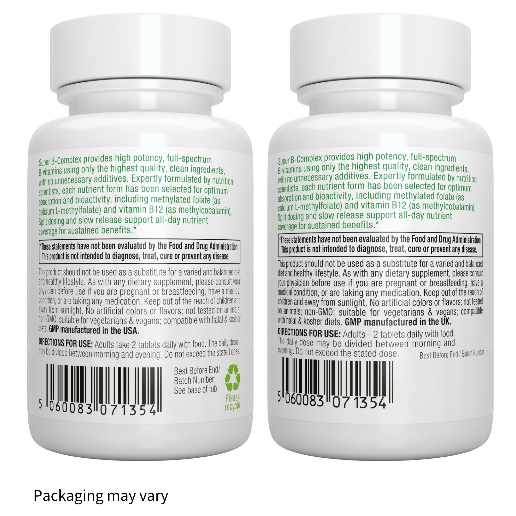 Ingredient list showing B vitamins including B1, B2, B3, B5, B7, B6