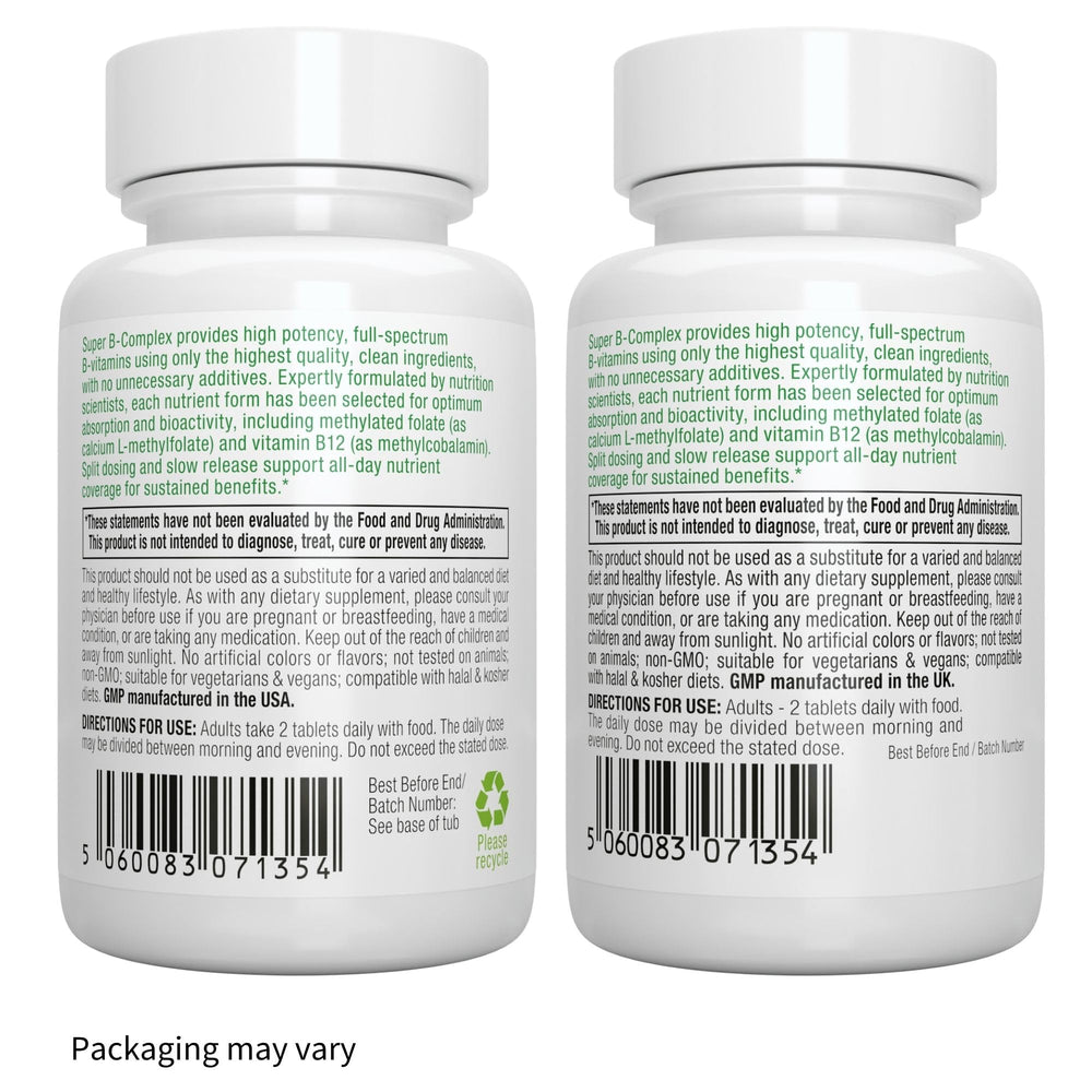 Ingredient list showing B vitamins including B1, B2, B3, B5, B7, B6