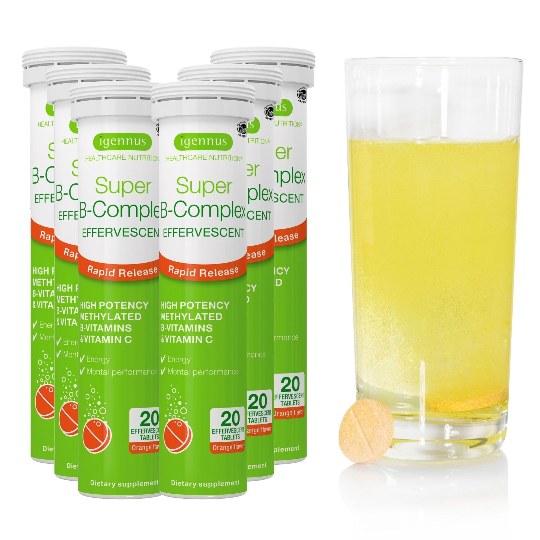 Igennus Super B-Complex orange-flavored liquid B-vitamins effervescent tablet