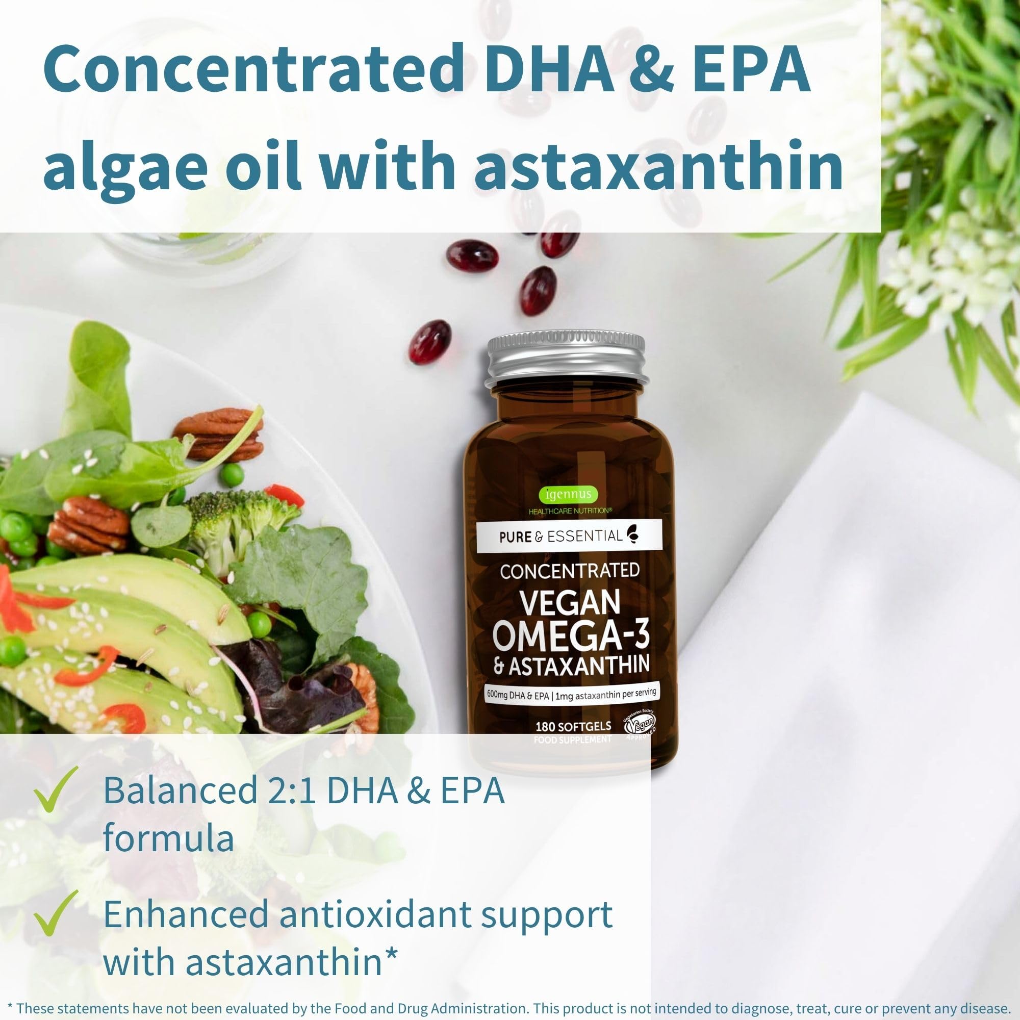 Close-up of Igennus vegan omega-3 algae oil softgels
