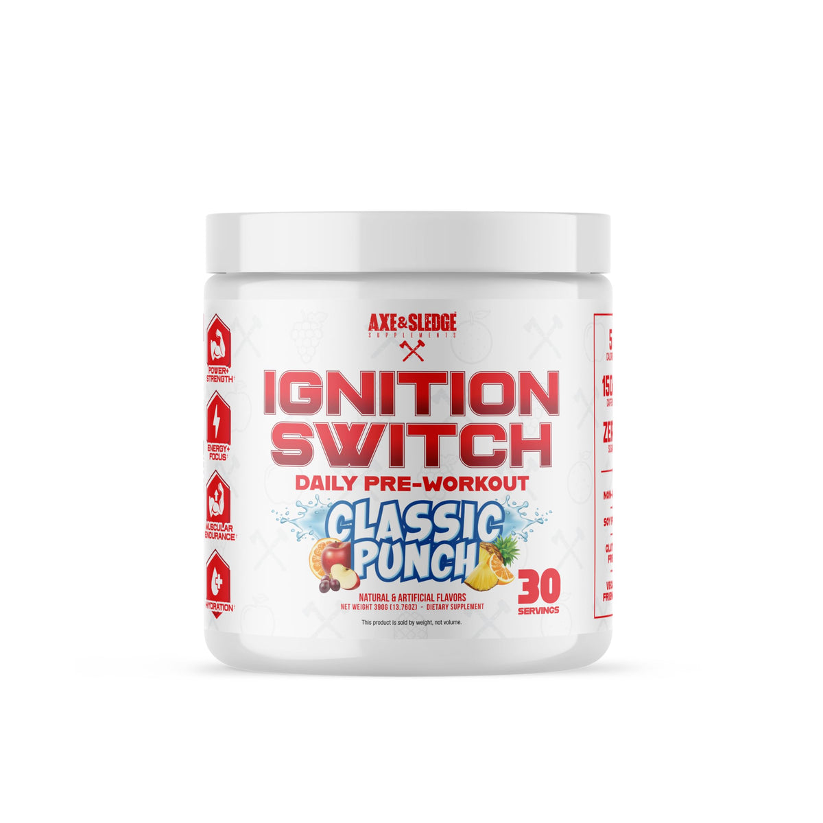 Axe & Sledge Ignition Switch pre-workout tub on a clean surface