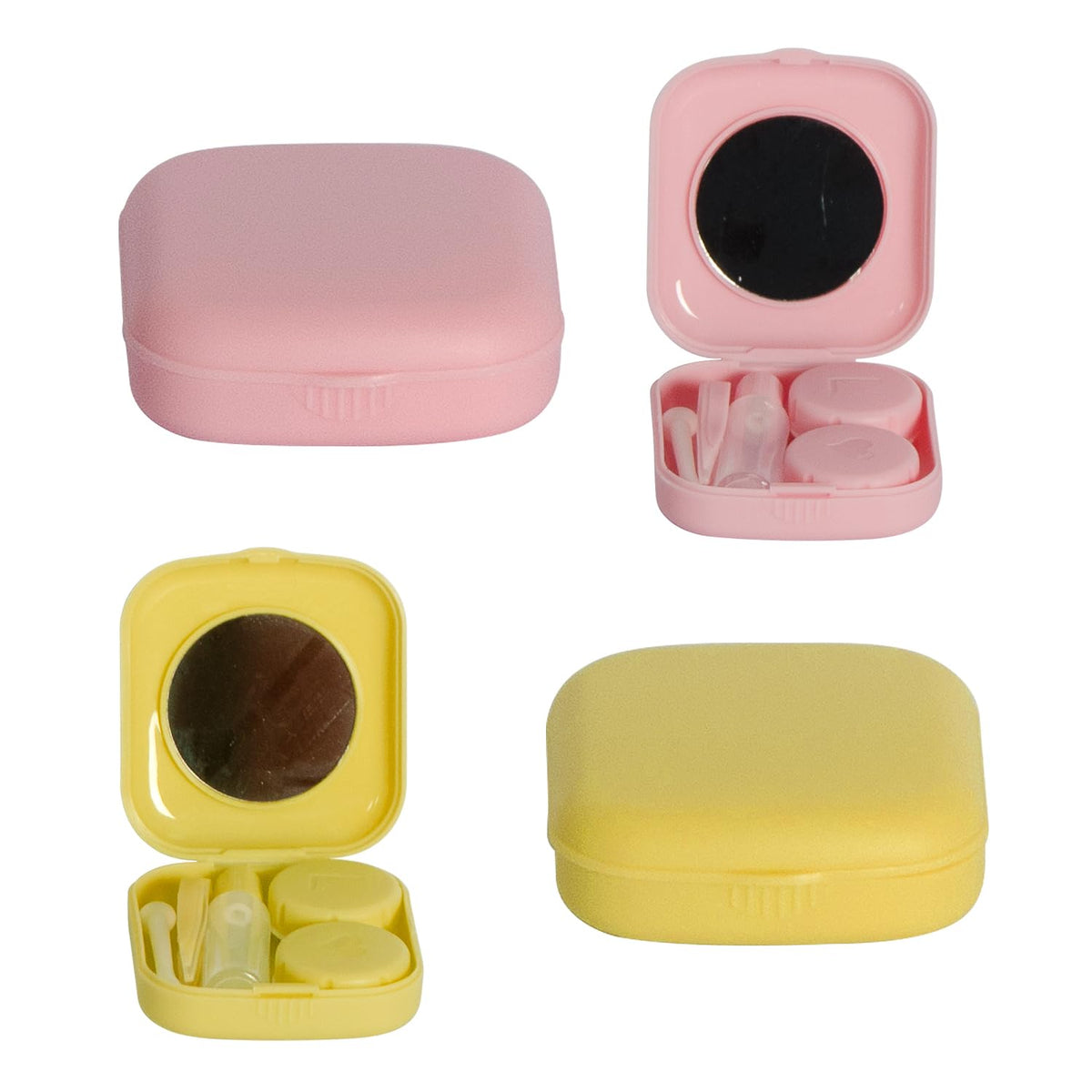Pink and yellow IHYjinchoo 2 pack contact lens case with mirror front view