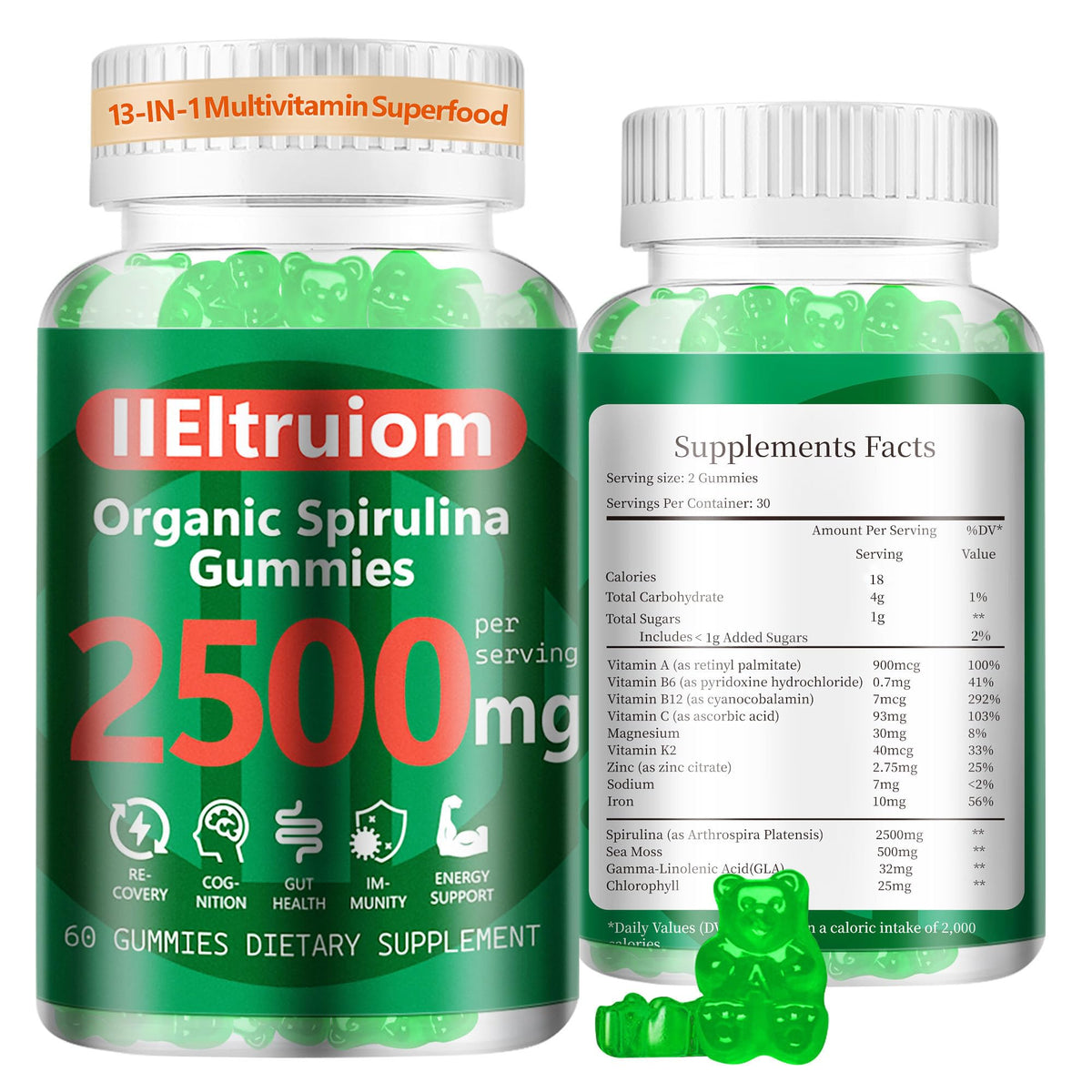 Front view of IIEltruiom Spirulina Chlorella Gummies bottle (60 gummies)