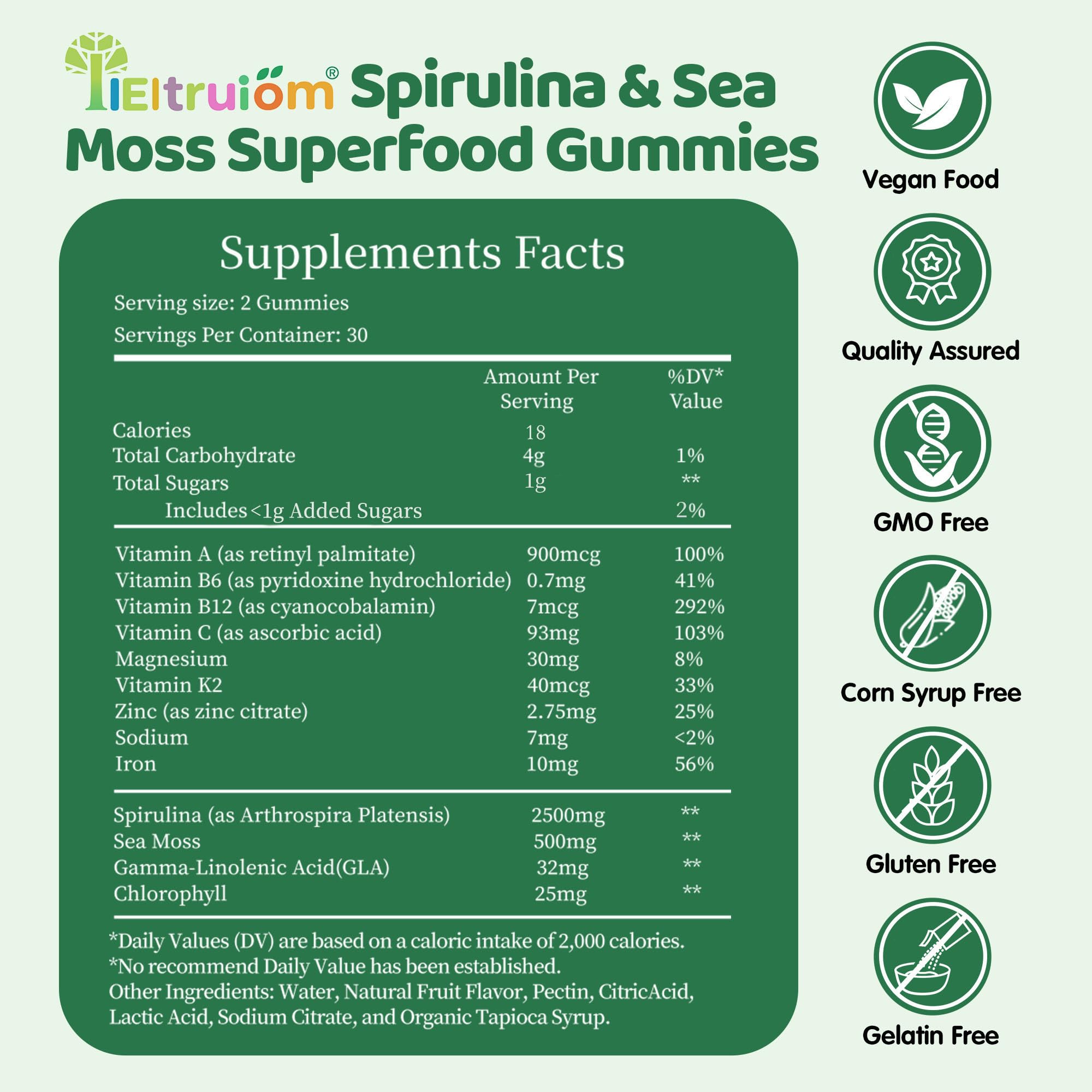 Close-up of spirulina and chlorella ingredients in gummies
