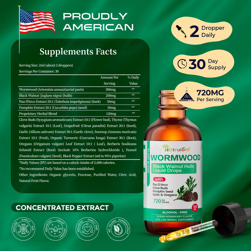 Ingredients layout: black walnut hulls, wormwood, garlic oil, cloves