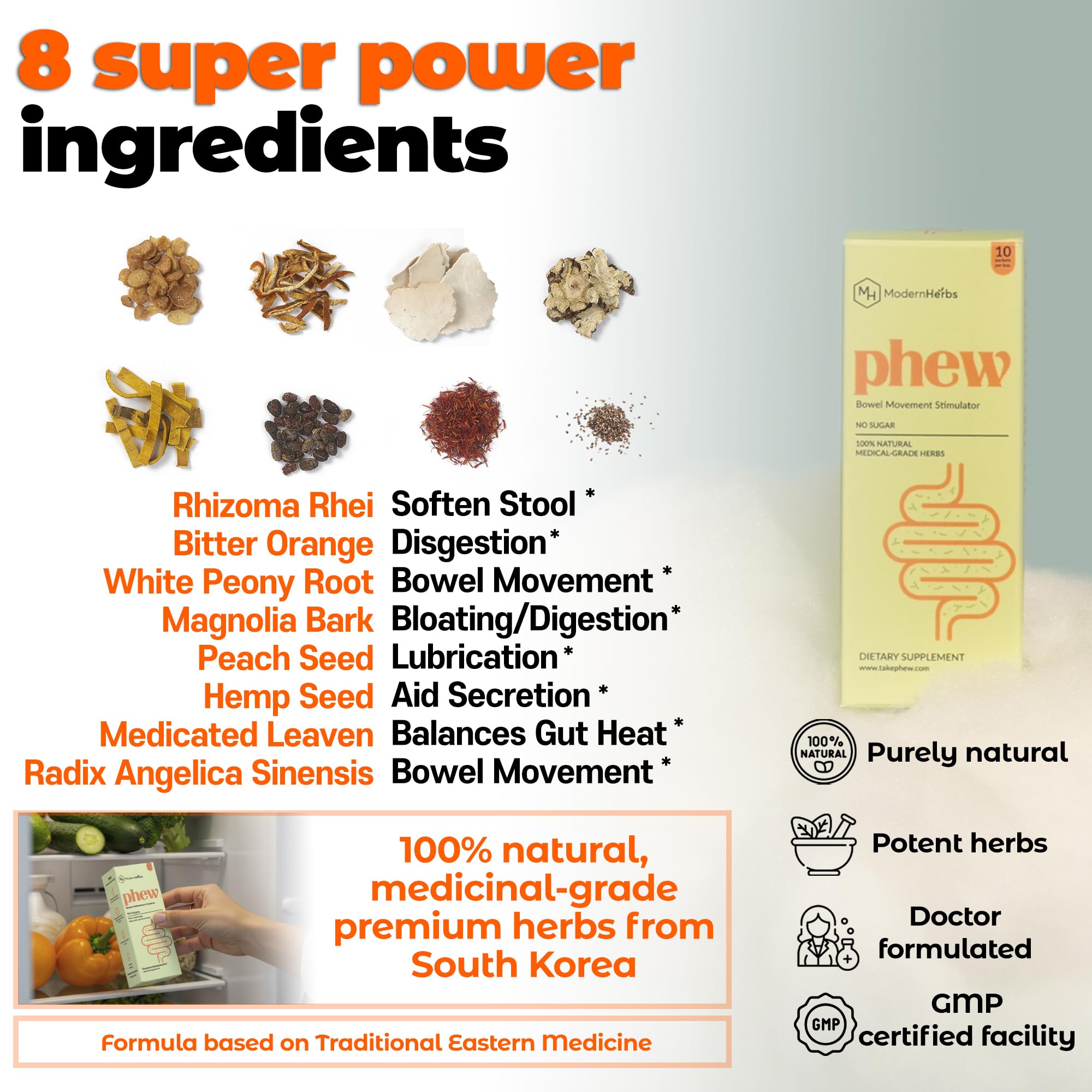 Iluna Phew herbal formula close-up highlighting natural ingredients for digestion support.