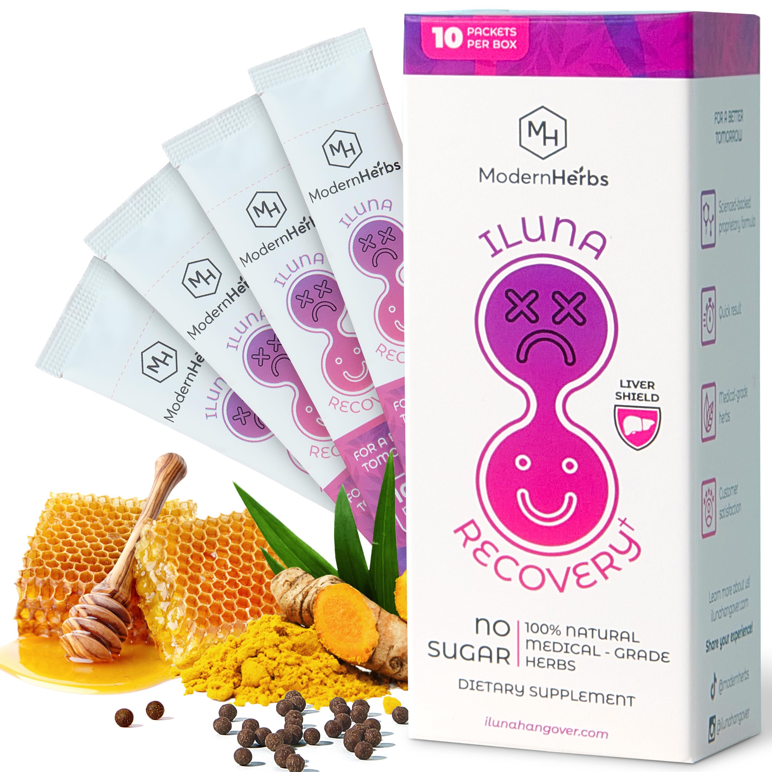 ILUNA Recovery Hangover Relief bottle and box – 10 pack front view