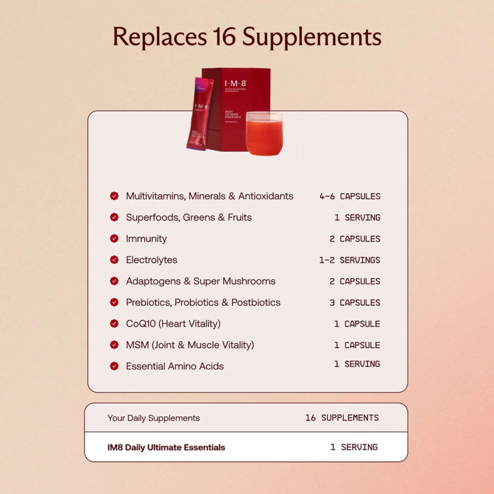 IM8 Daily Ultimate Essentials close-up of 92 ingredients blend.