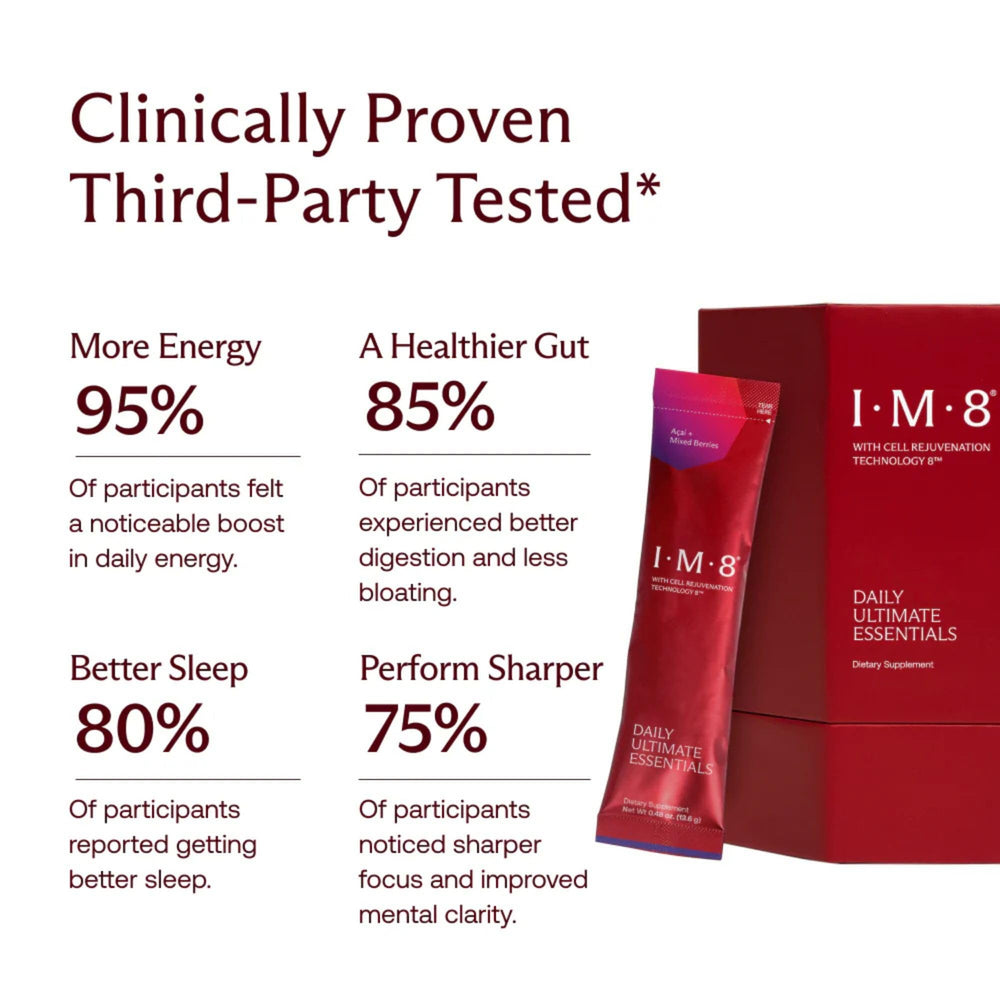 IM8 Daily Ultimate Essentials glass with pour showing a smooth, flavorful drink.