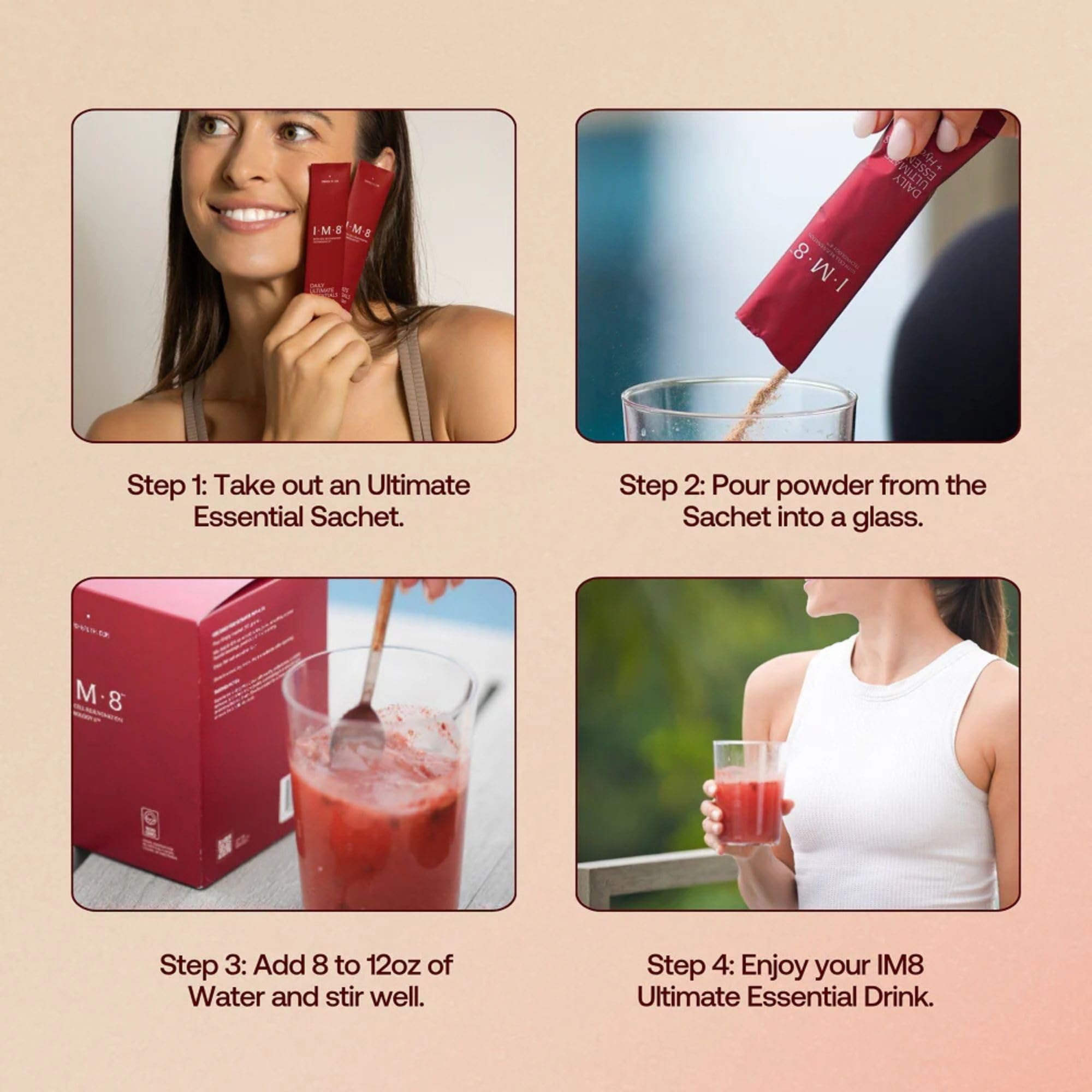 IM8 Daily Ultimate Essentials daily setup with ingredients visible and glass ready.