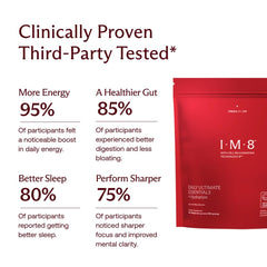 Close-up of CoQ10 and nutrient blend label on IM8 bottle