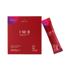 IM8 Daily Ultimate Essentials packets opened for a quick, nutrient-dense morning routine.