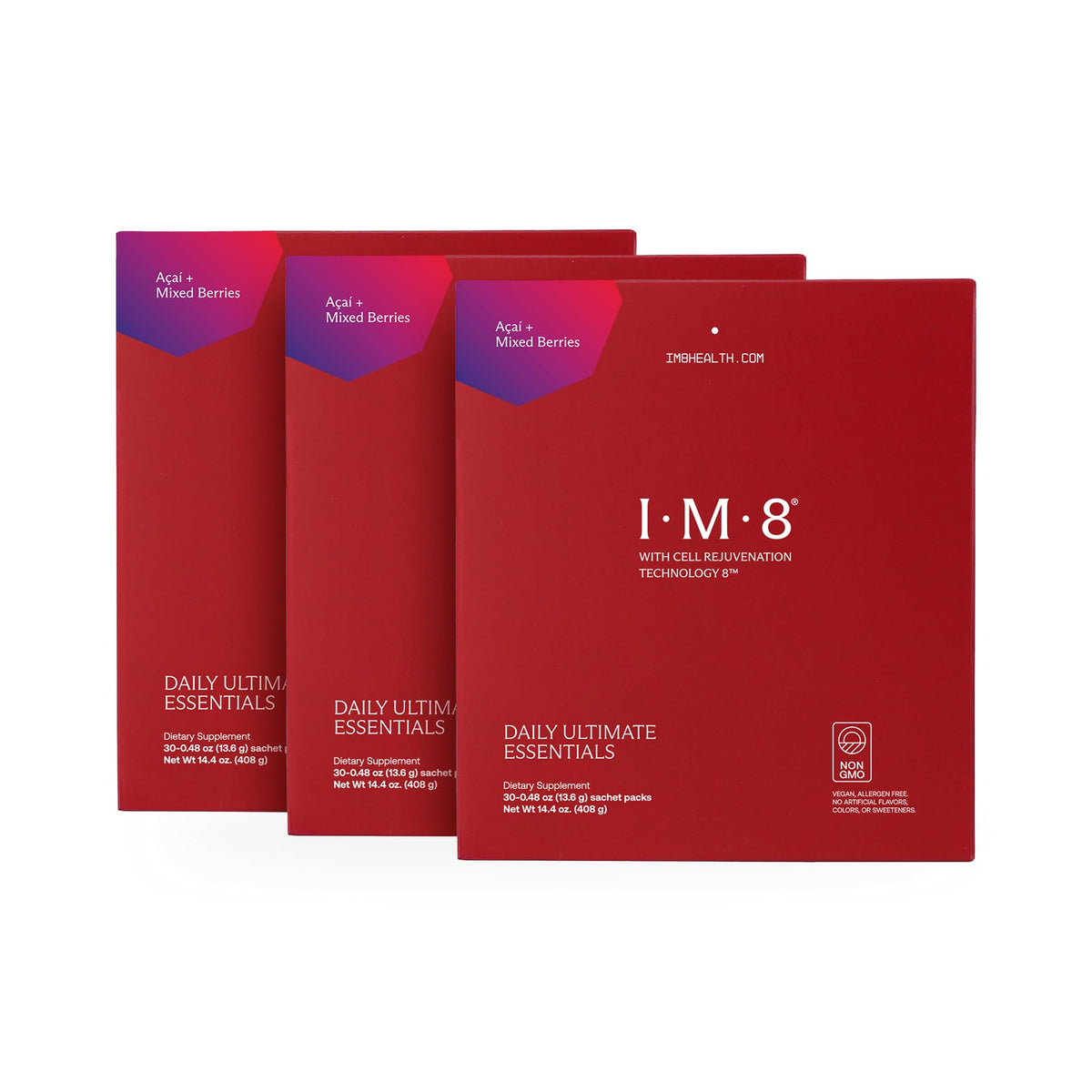IM8 Daily Ultimate Essentials packet serving for a quick morning boost.