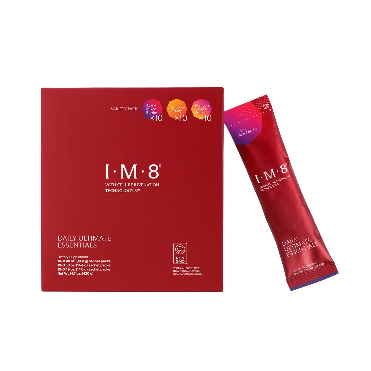 IM8 Daily Ultimate Essentials packets lineup for convenient daily nutrition
