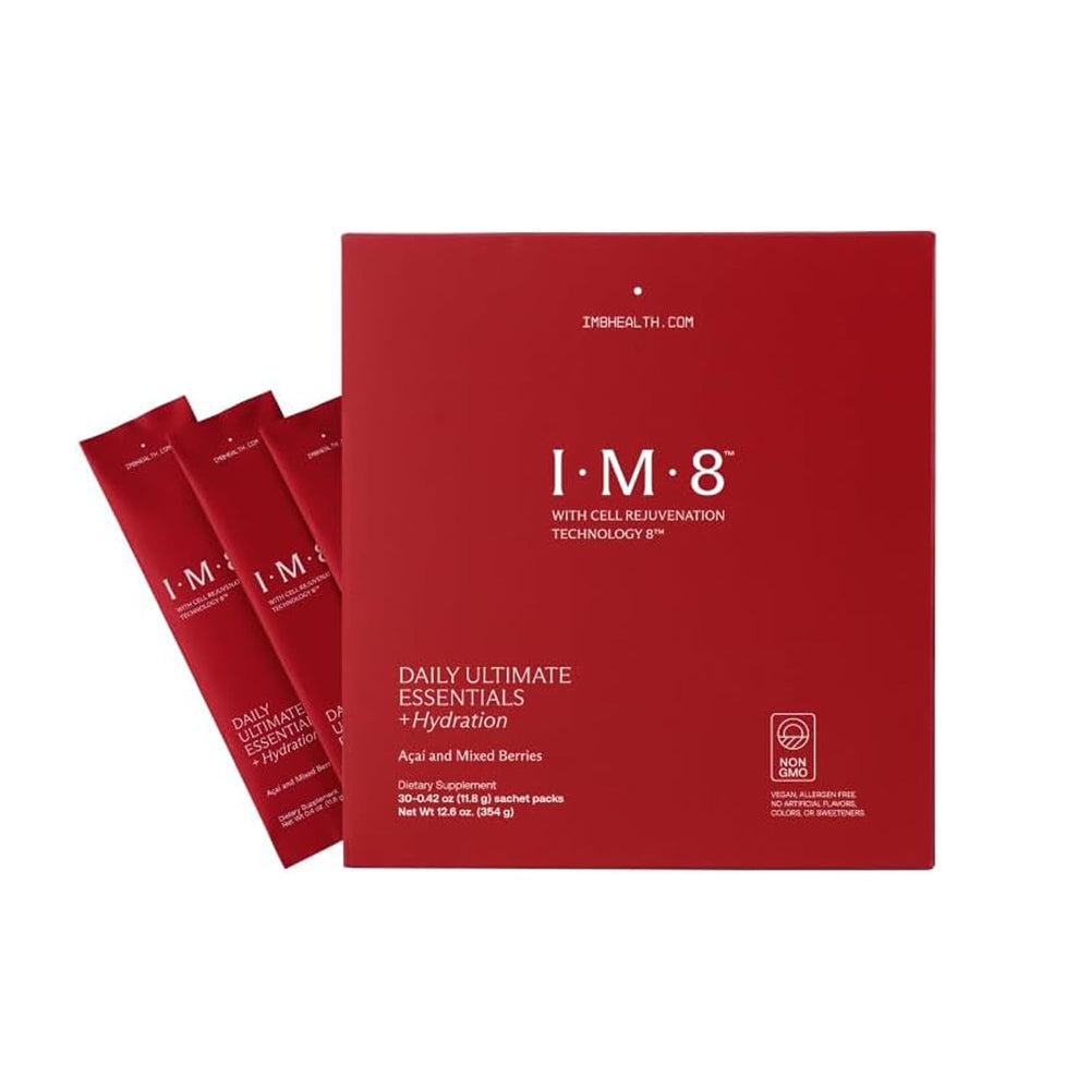 IM8 Daily Ultimate Essentials travel pack front view for convenient daily nutrition.