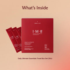 IM8 Daily Ultimate Essentials tub label closeup showing 92 ingredients.