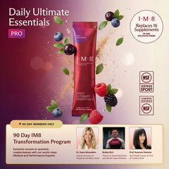 IM8 Daily Ultimate Essentials tub with spoon ready to scoop a balanced daily formula.