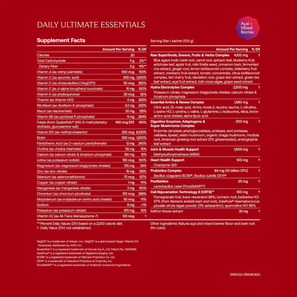 IM8 Daily Ultimate Essentials vegan and gluten-free label on packaging.