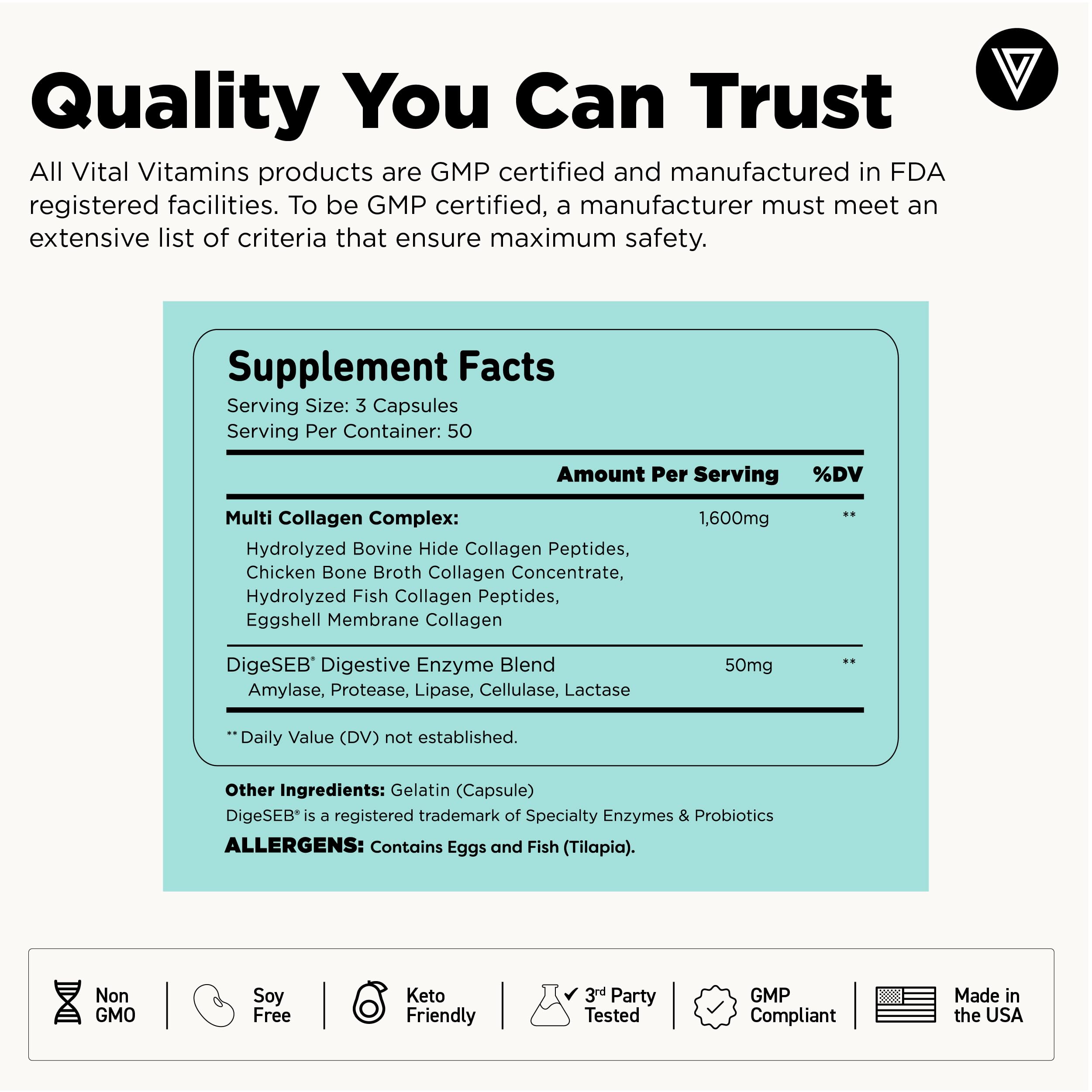 Vital Vitamins non-GMO and grass-fed badge on label.