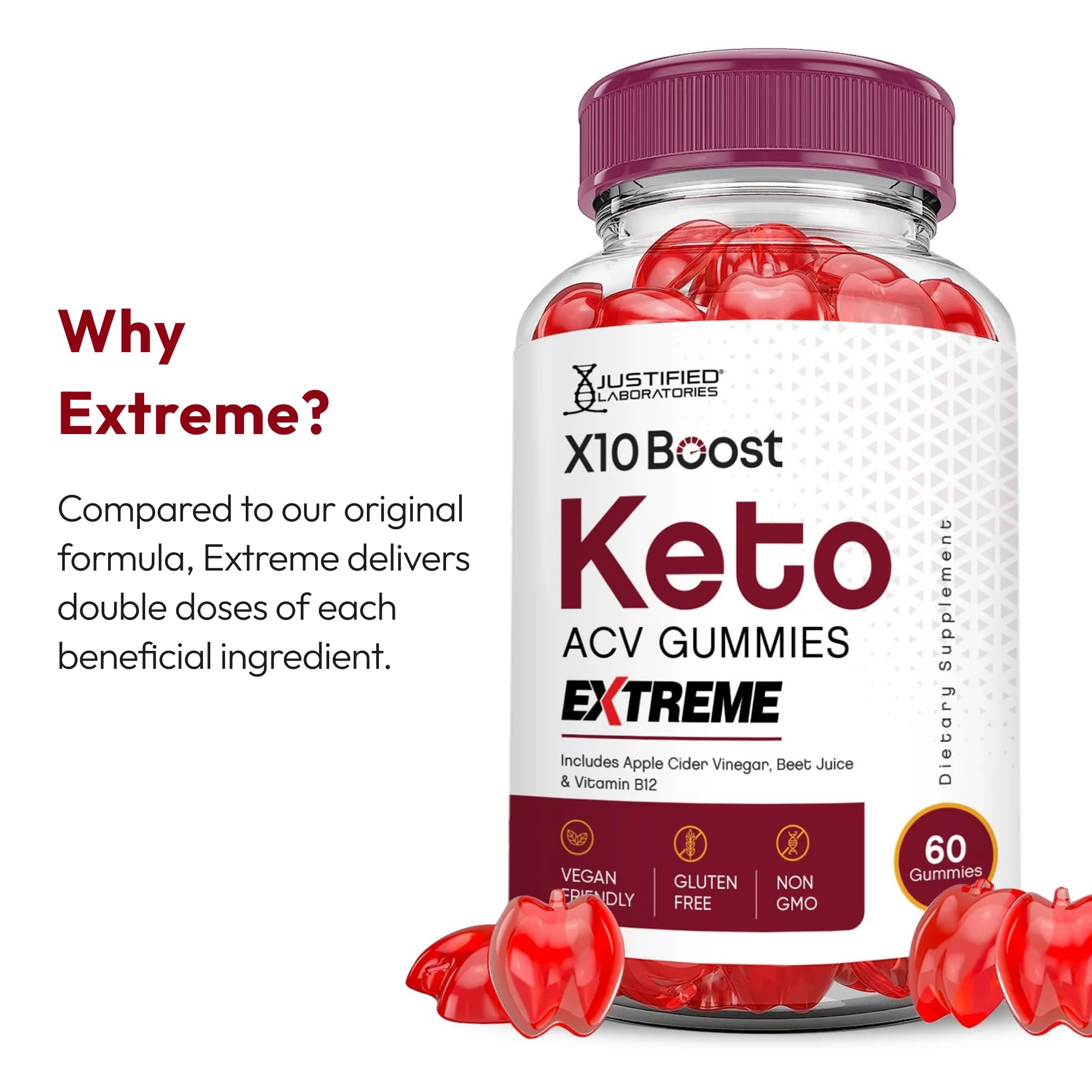 Justified Laboratories Boost Keto ACV Gummies — Vegan, Non-GMO, 1000mg ACV per Serving (5-Pack)