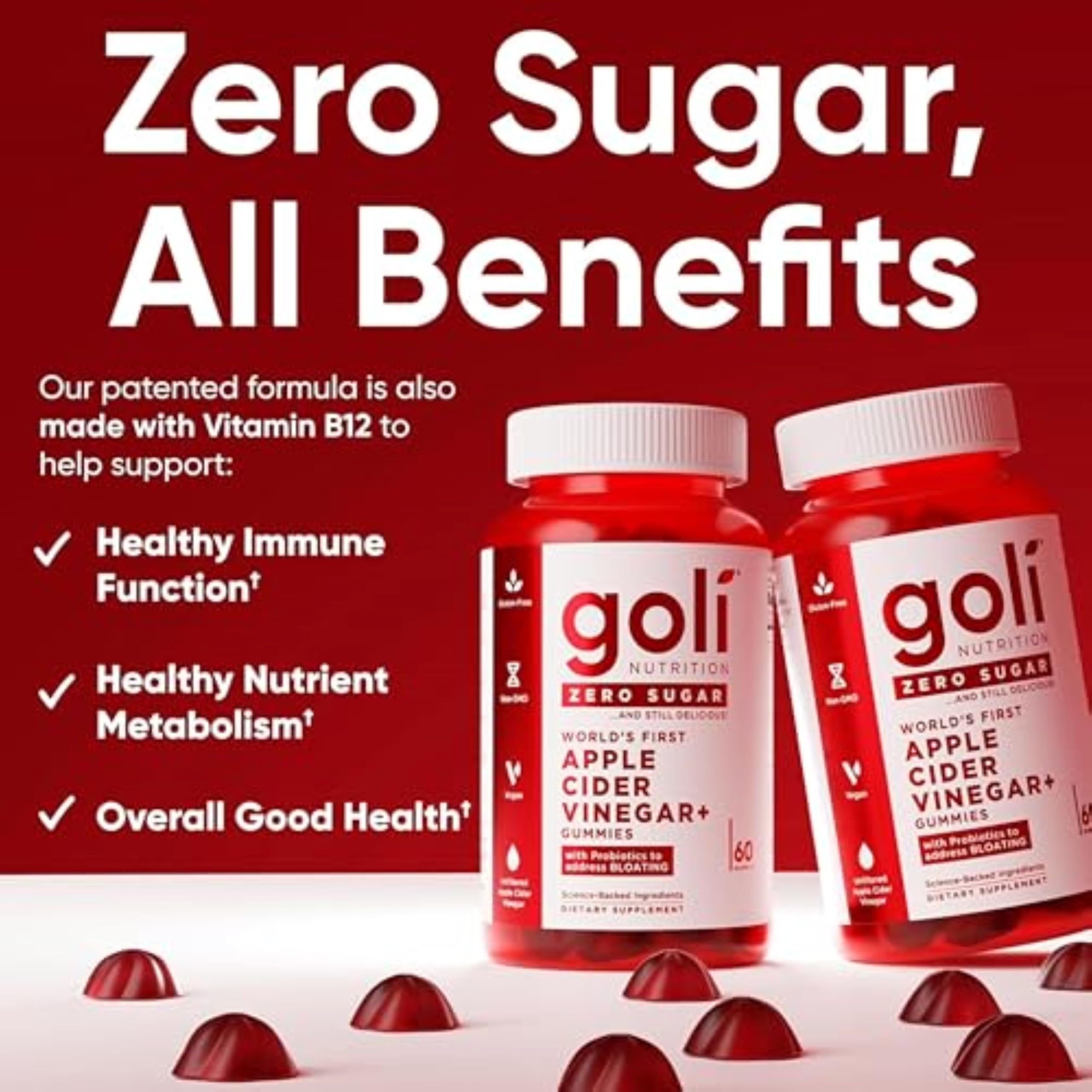 Goli Zero Sugar Apple Cider Vinegar Gummies with Probiotics & Vitamin B12 — 180 Count (3 Pack) | Vegan, Keto, Gluten Free