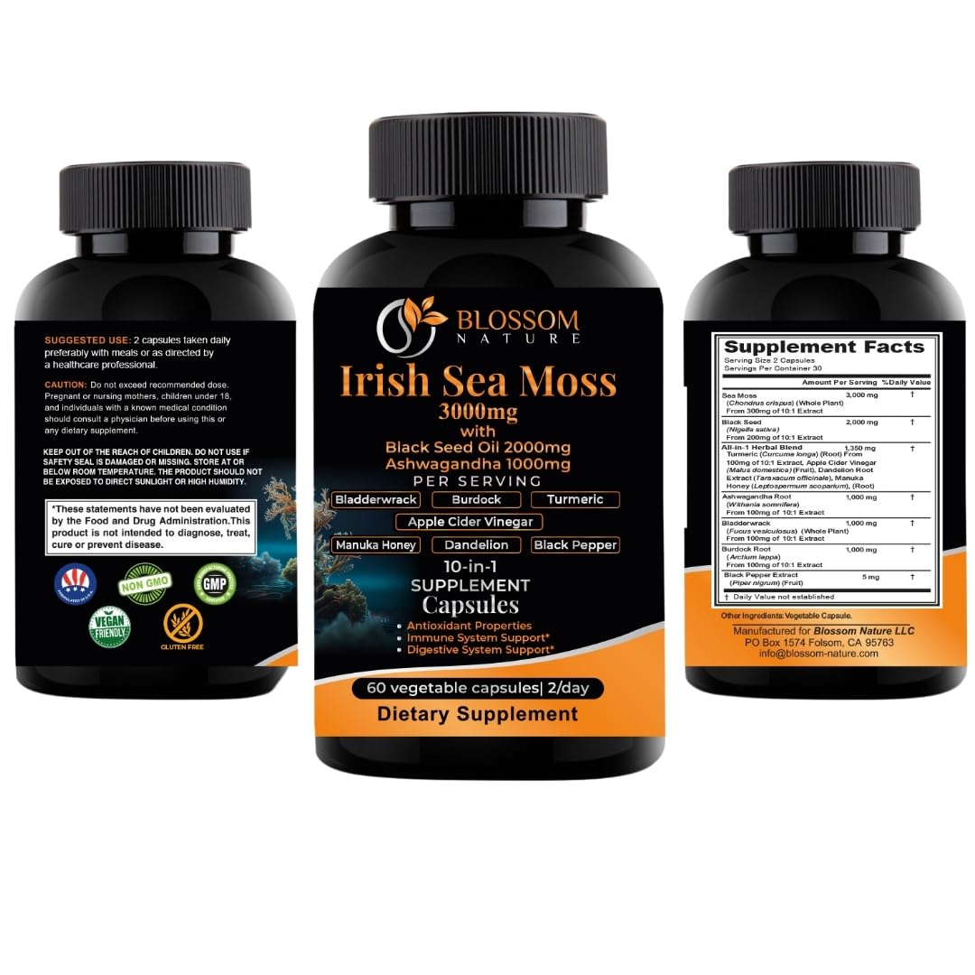 Blossom Nature 10-in-1 Irish Sea Moss Veggie Caps – 3000mg with 2000mg Black Seed Oil | Made in USA