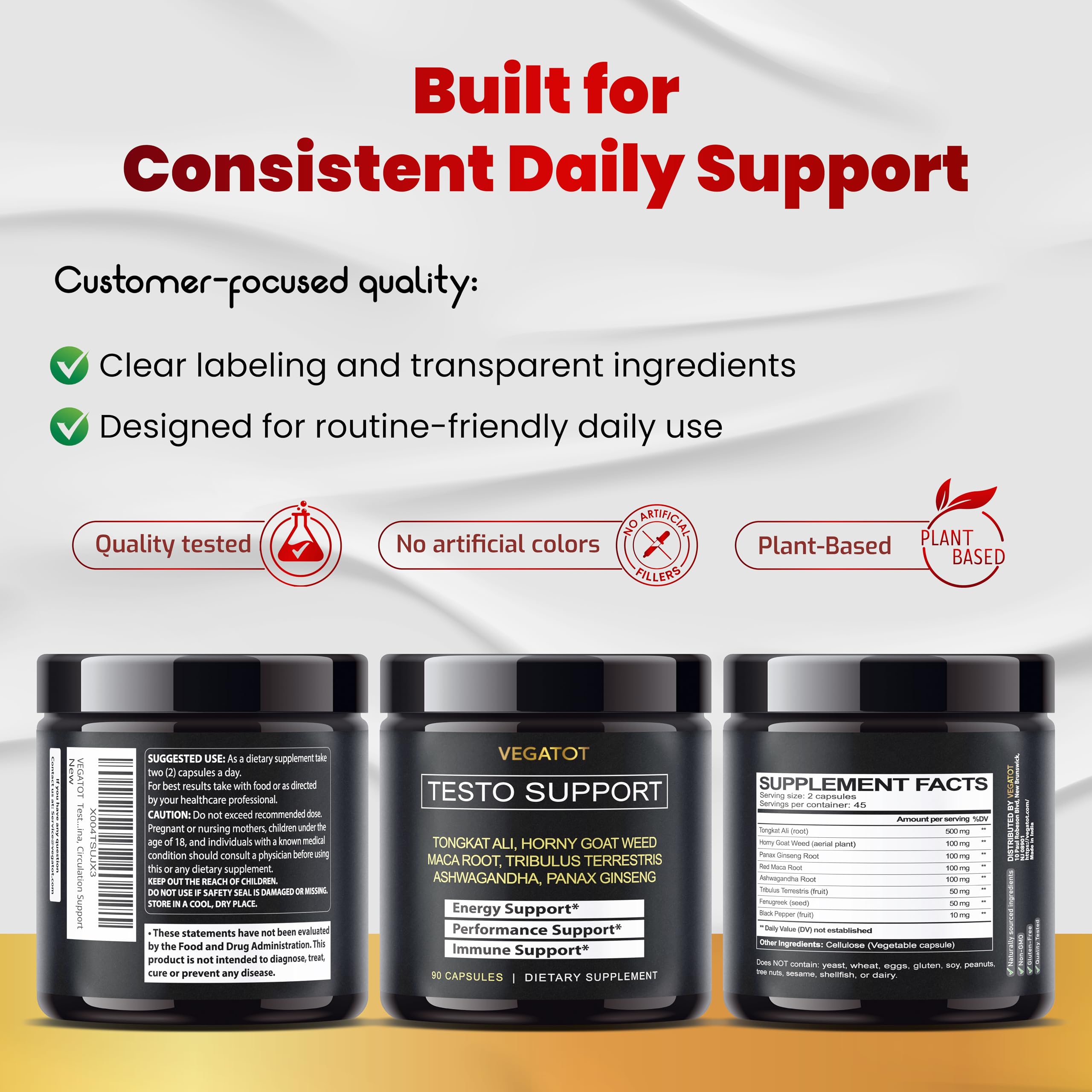 VEGATOT 8-In-1 Testo Support – Tongkat Ali, Ginseng, Maca & Ashwagandha