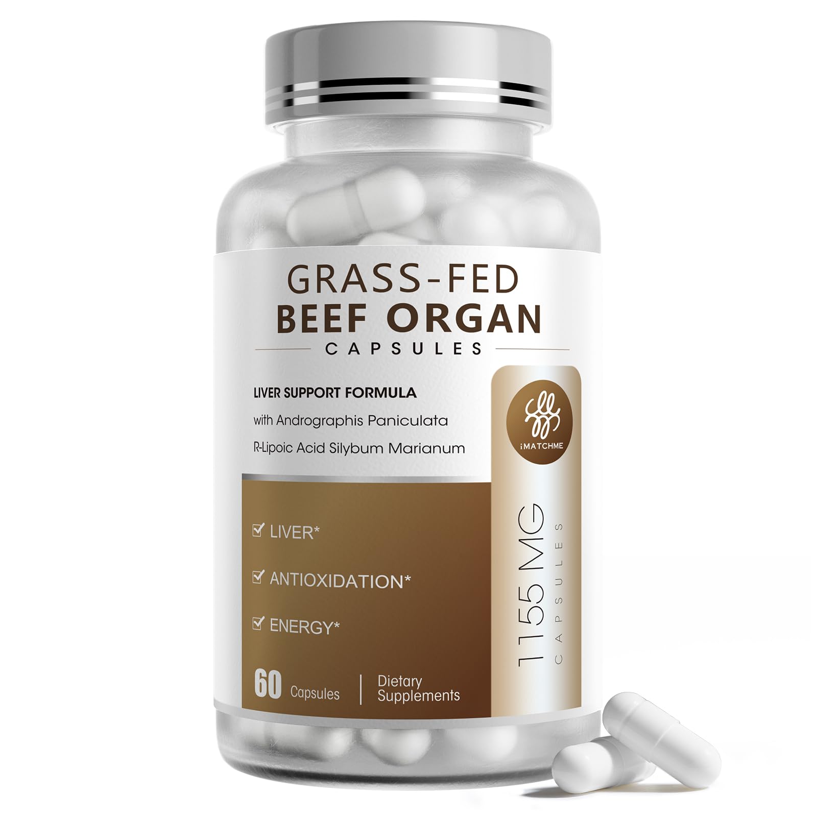 iMATCHME Beef Organs bottle featuring Grass-Fed Liver Adrenals supplement label
