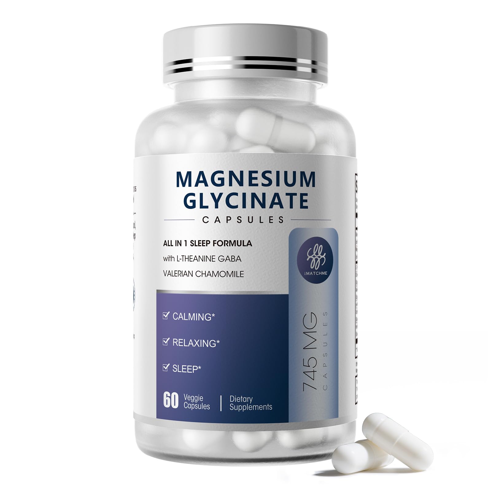 Front view of iMATCHME Magnesium Glycinate capsules bottle for 60-count supply