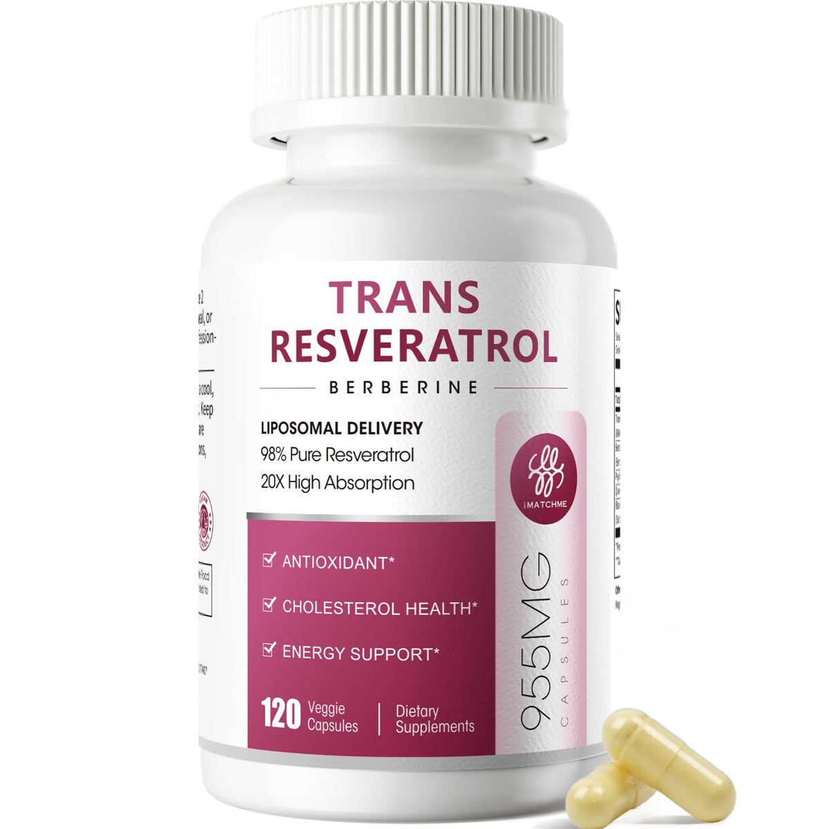 Front view of iMATCHME Resveratrol bottle with label visible