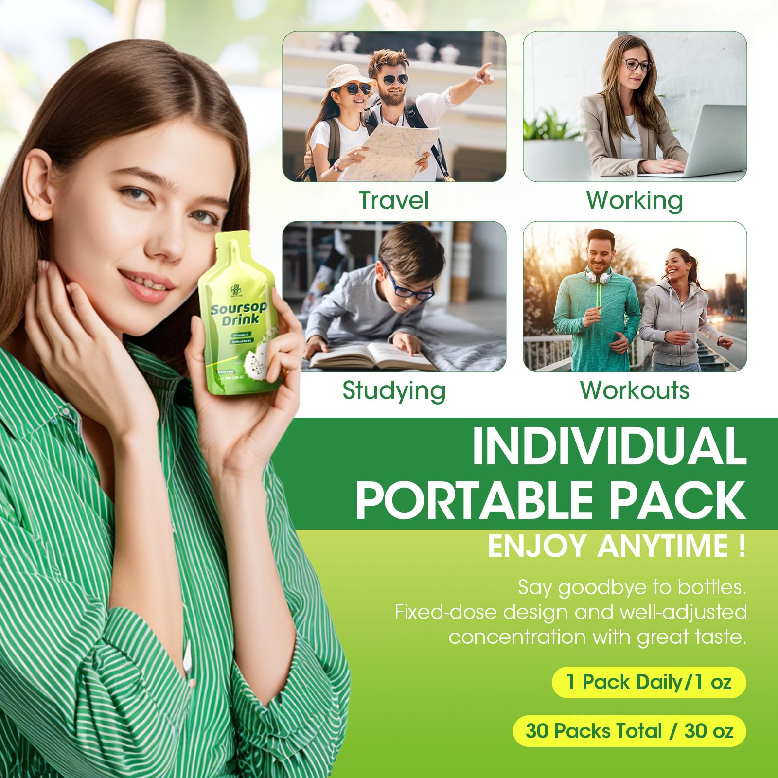 Individually packaged sachets for on-the-go use