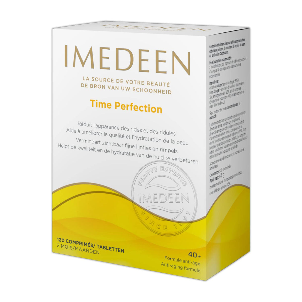 Imedeen Time Perfection bottle shown, potential support for skin quality and moisture balance.