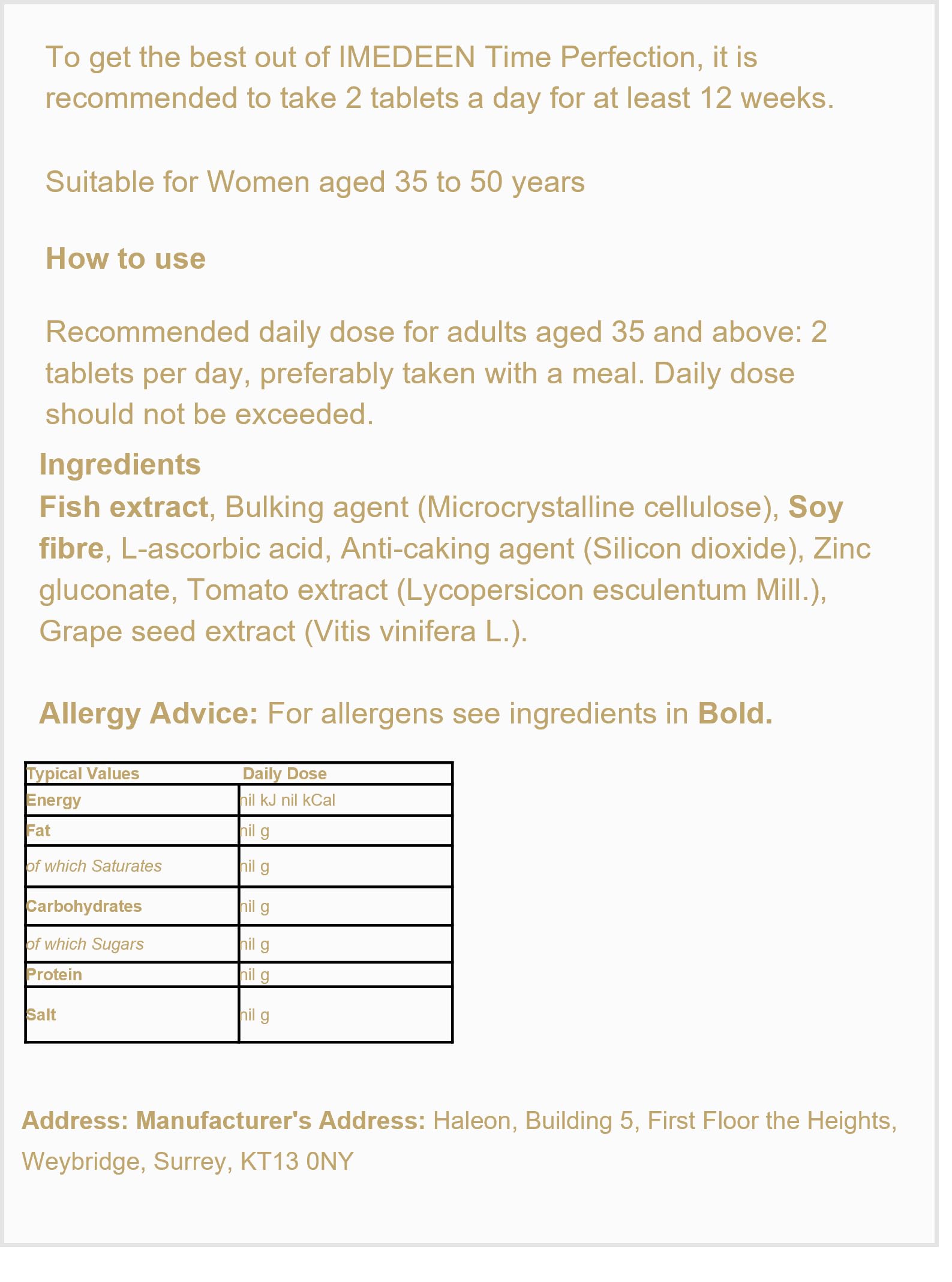 Supplement facts and product details for IMEDEEN Time Perfection Tabs