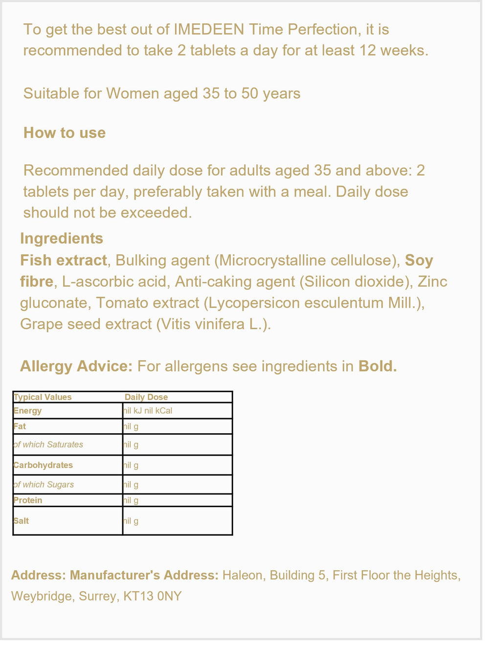 Supplement facts and product details for IMEDEEN Time Perfection Tabs