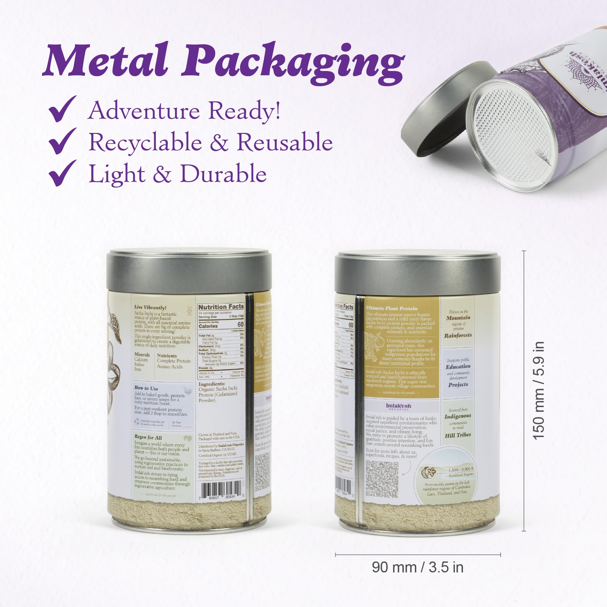 Imlak'esh Organics Sacha Inchi protein label notes vegan, gluten-free, fair trade.