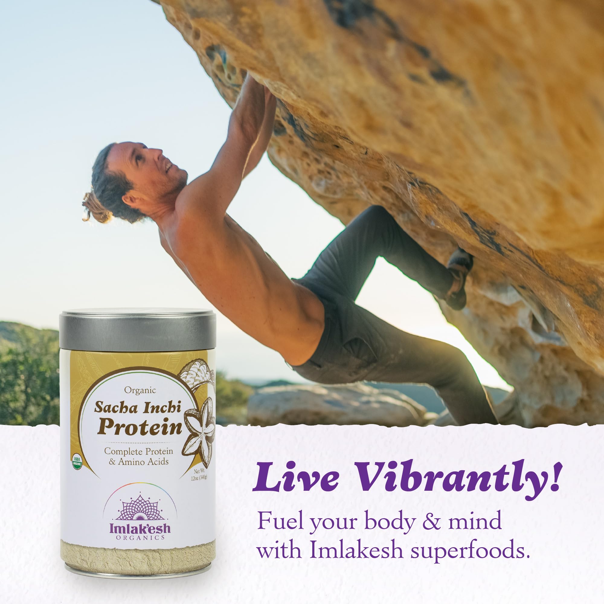 Imlak'esh Organics Sacha Inchi Protein pour shows powder-ready for baking and cooking.