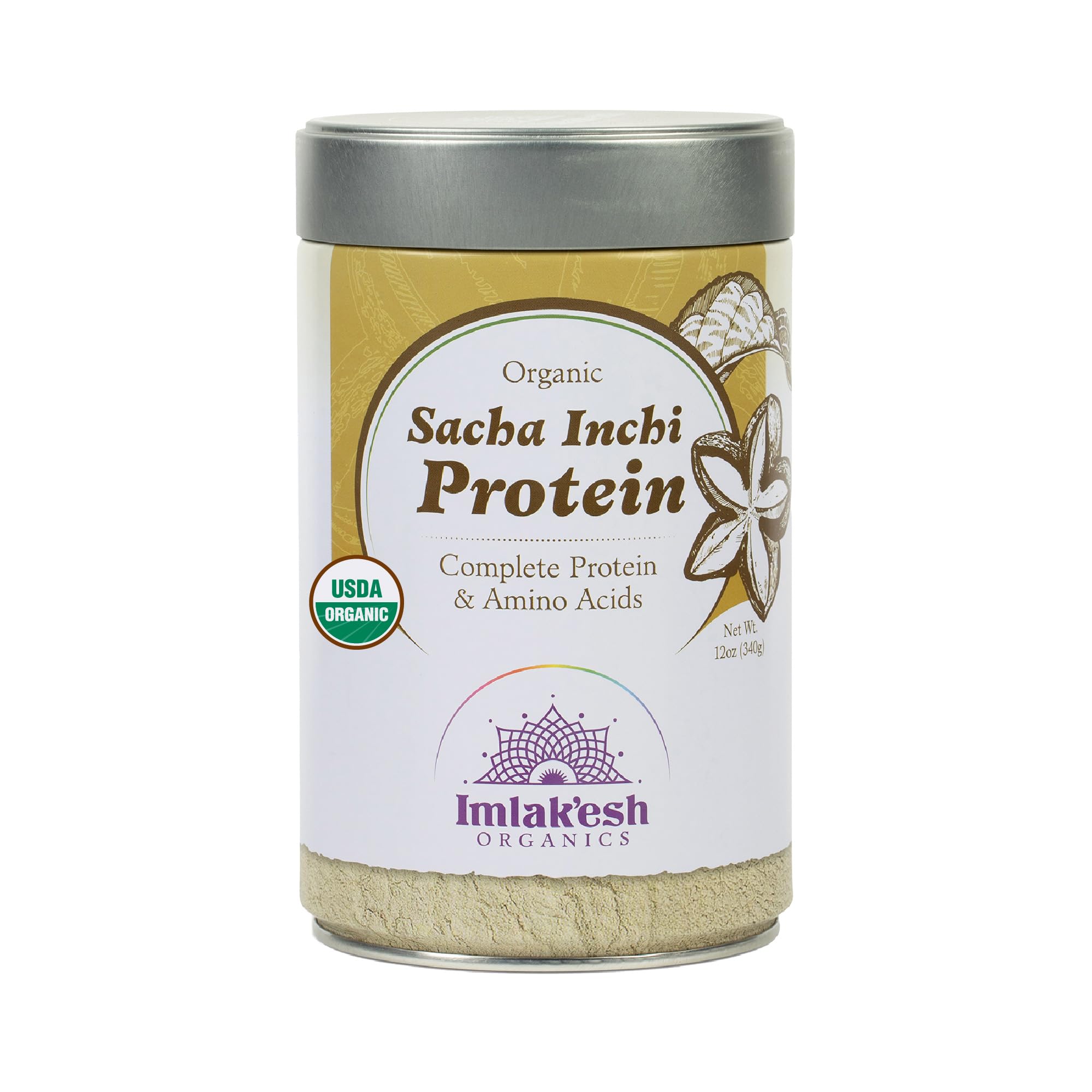 Imlak'esh Organics Sacha Inchi Protein powder bottle shows premium organic protein for smoothies.