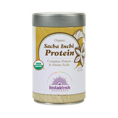 Imlak'esh Organics Sacha Inchi Protein powder bottle shows premium organic protein for smoothies.